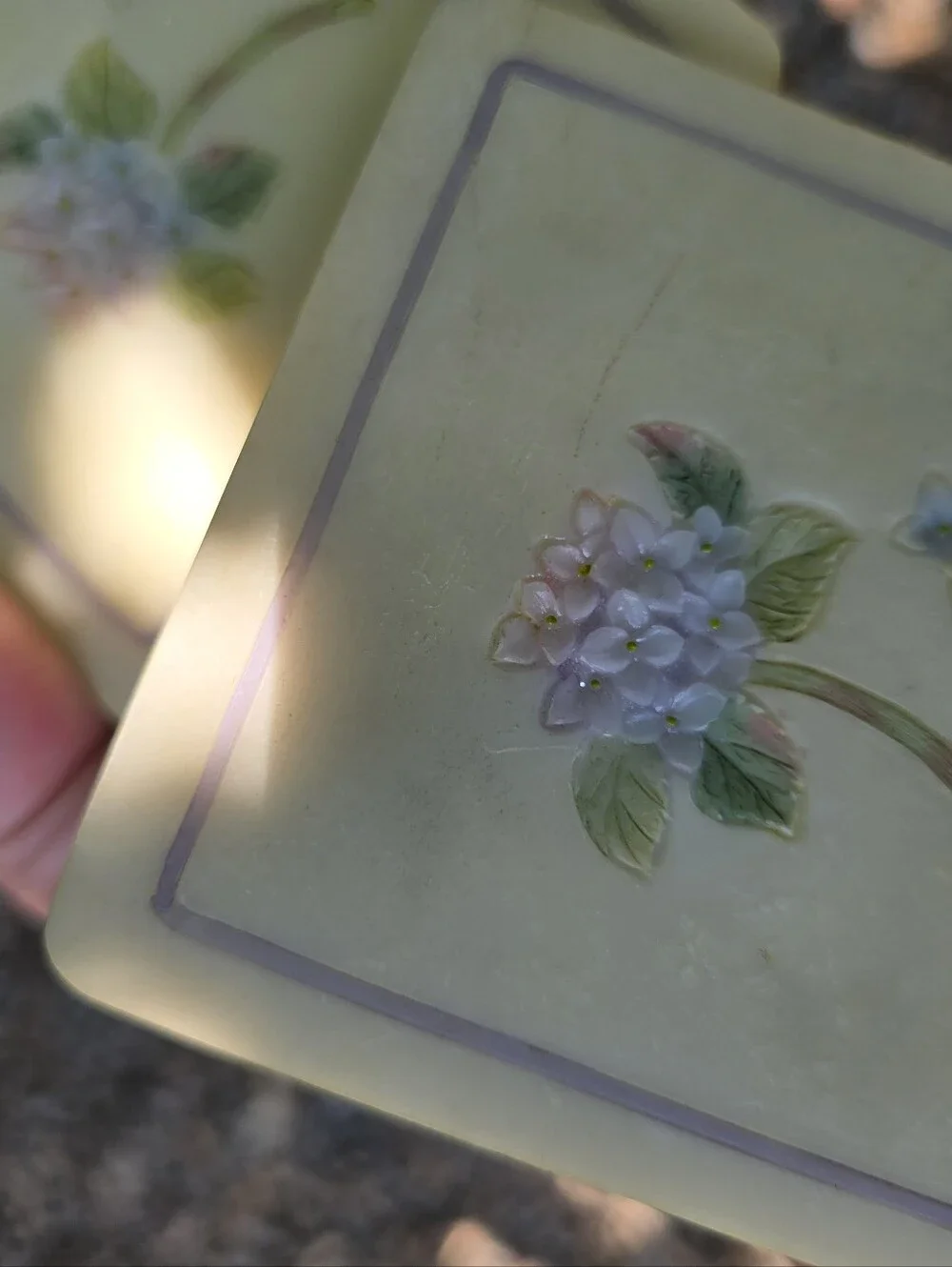 Vtg Dragonfly and Hydrangeas Pastel Coaster Set of 4 Resin 3D Cottagecore Shabby